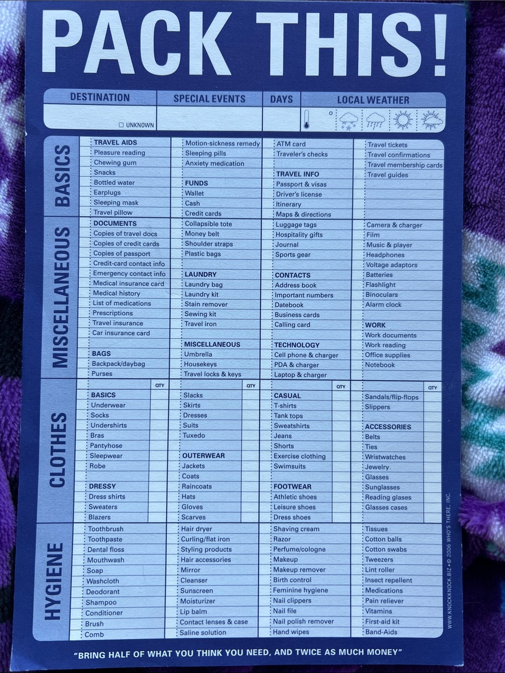 Blue Travel Packing Checklist Pad for Home Organization